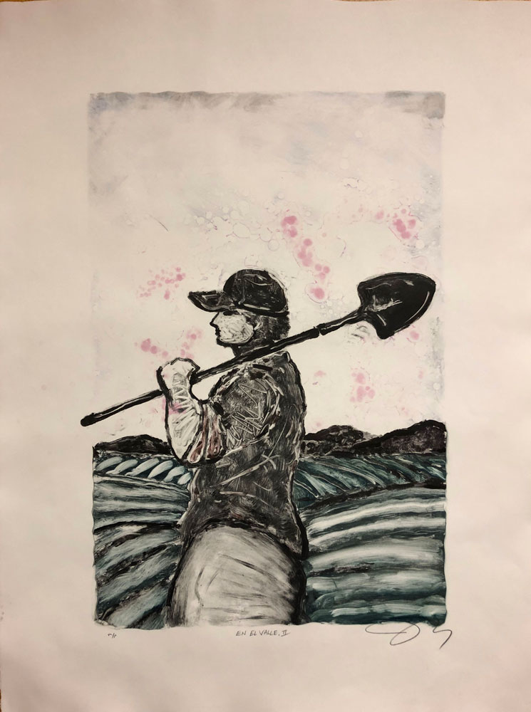 EN EL VALLE (Man with Shovel) 22” x 28”  Monoprint on paper $500
