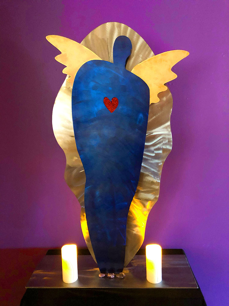 LARGE BLUE 02 Angelic Healer (Large Blue) Painted Steel w/ Brass Wings, Amethyst Stones 36” Tall $2,000