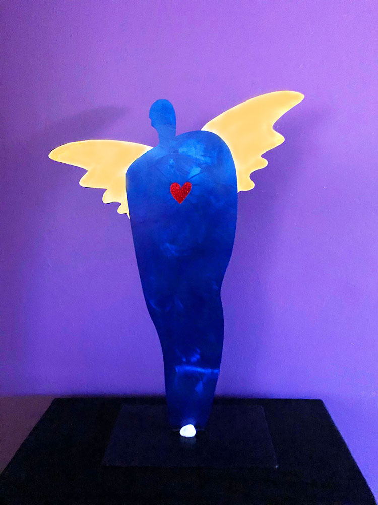 SMALL BLUE 02 Angelic Healer (Small) Painted Steel w/ Brass Wings, Amethyst Stones 24” Tall $1,200