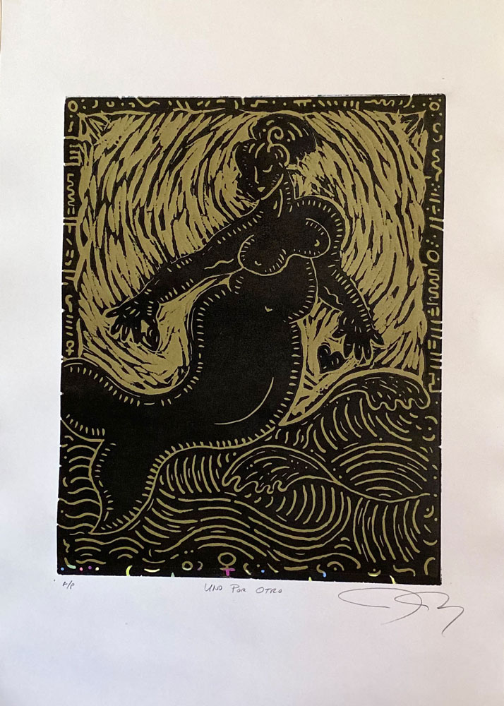 UNO POR OTRO (Bronze Background) Woodblock Print 15” x  22” $500